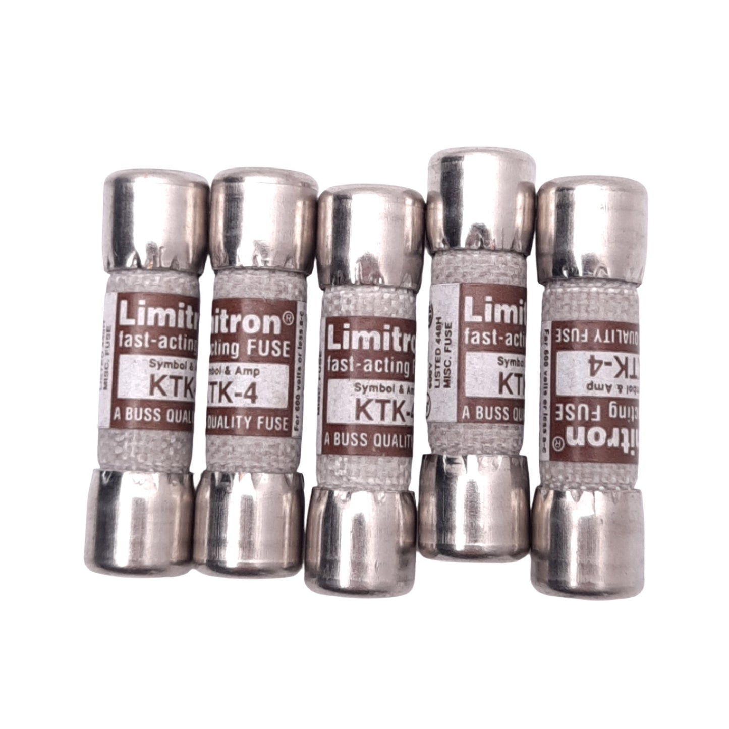 New Lot of 5 Eaton Bussmann KTK-4 Fast Acting Midget Fuses, 4A, 600VAC, Class CC