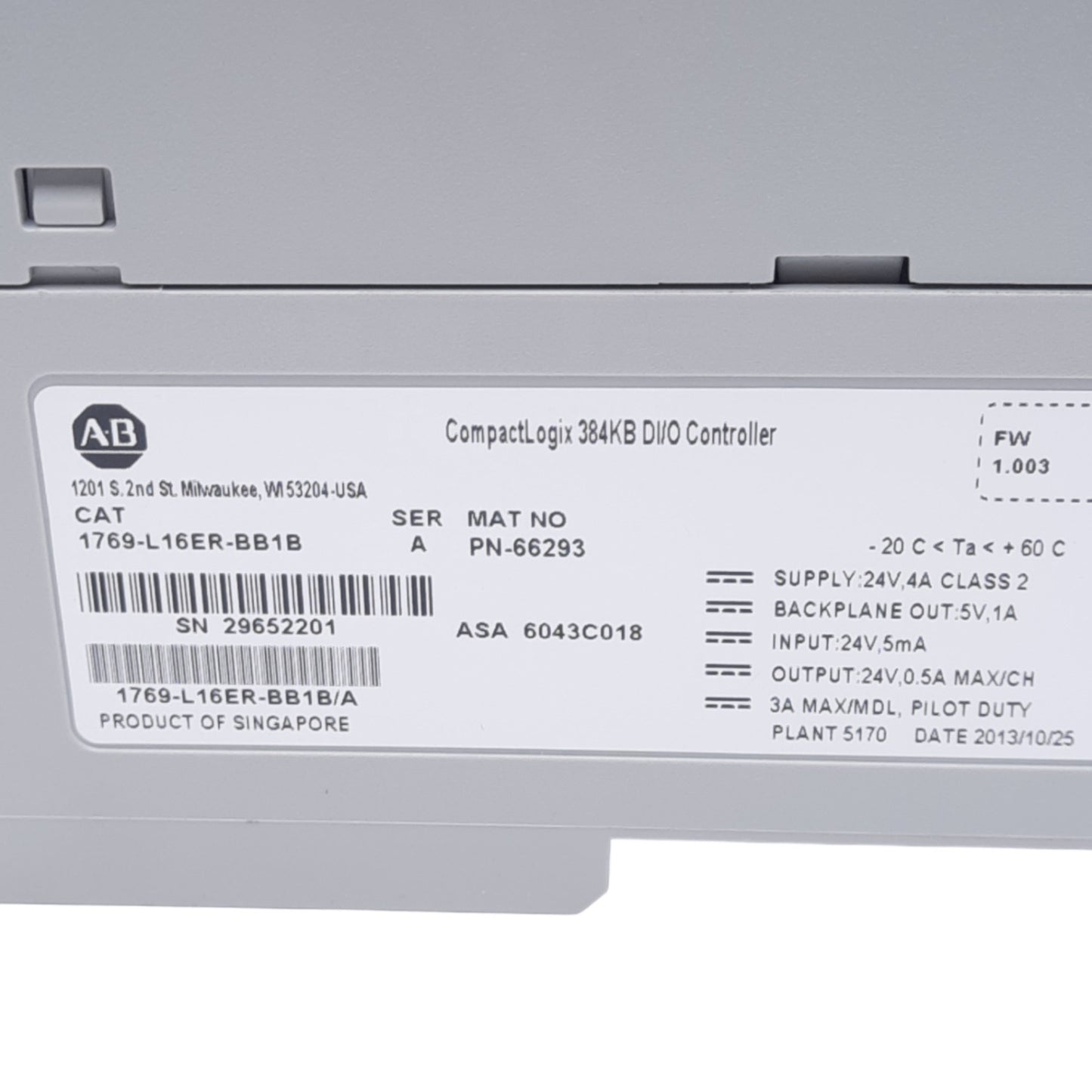 Used Allen Bradley 1769-L16ER-BB1B CompactLogix 5370 Controller, 32-Channel, 24VDC