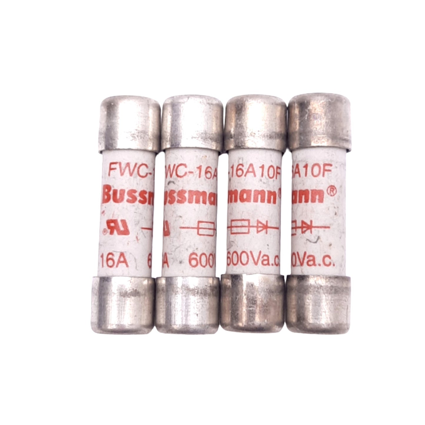 Used Lot of 4 Eaton Bussmann FWC-16A10F Fast Midget Fuses, 16A, 600VAC, Class aR