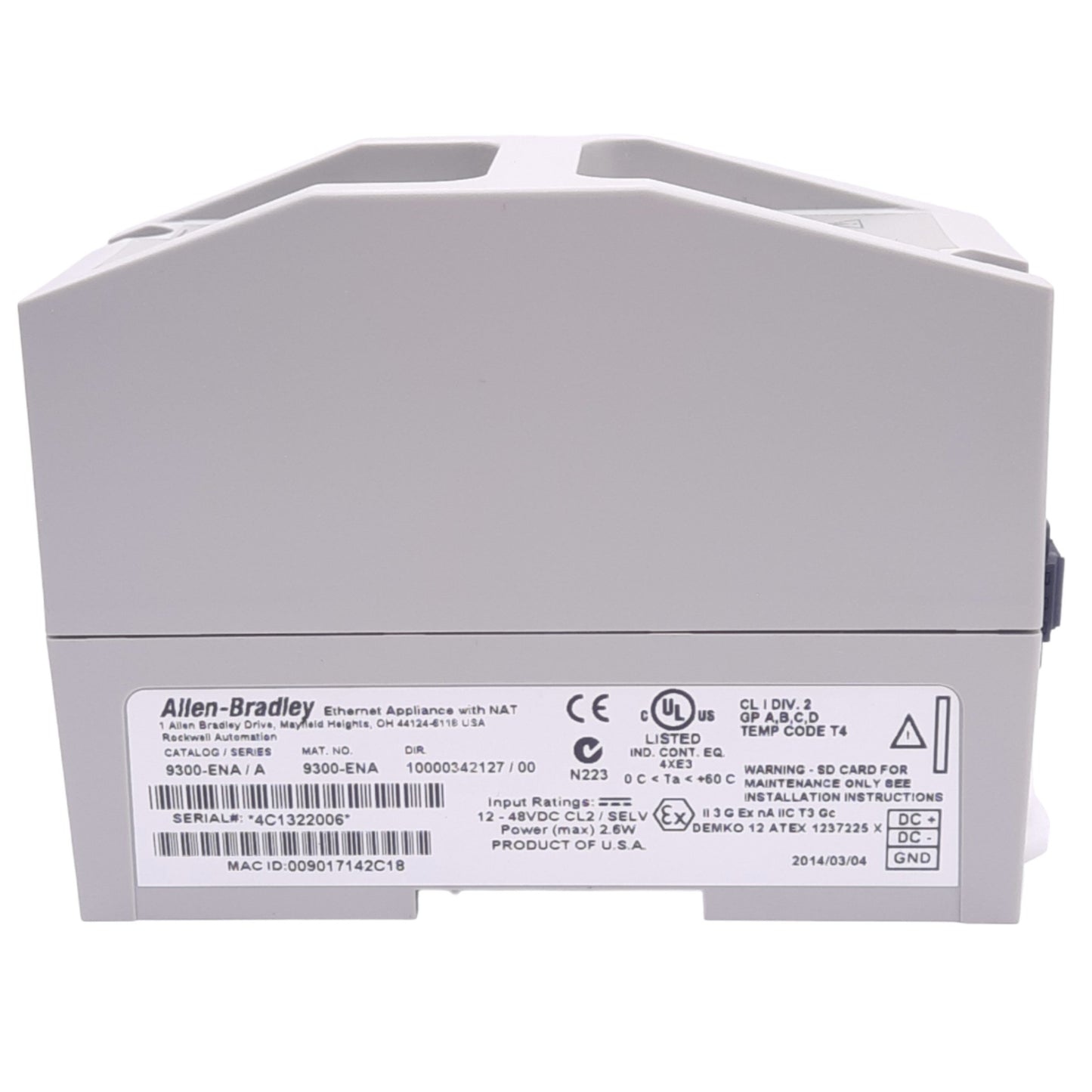 Used Allen Bradley 9300-ENA A Ethernet Network Appliance w/ NAT, 3-Port RJ45 12-48VDC