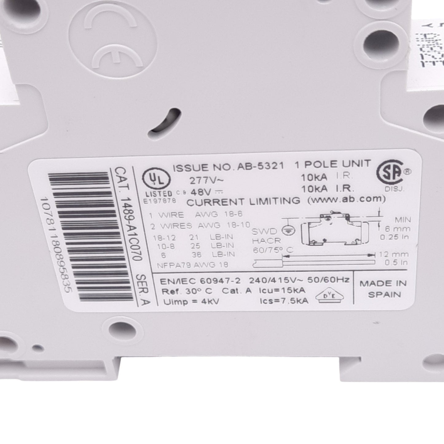 Used Allen Bradley 1489-A1C070 Miniature Circuit Breaker, 1-Pole, 7A, 277VAC/48VDC