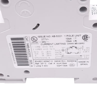 Used Allen Bradley 1489-A1C070 Miniature Circuit Breaker, 1-Pole, 7A, 277VAC/48VDC