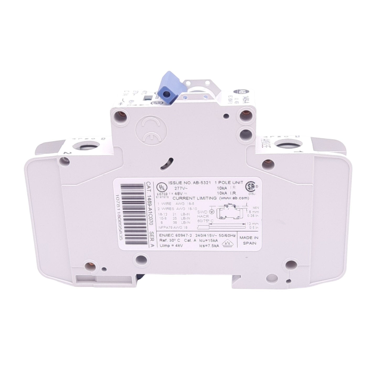 Used Allen Bradley 1489-A1C070 Miniature Circuit Breaker, 1-Pole, 7A, 277VAC/48VDC