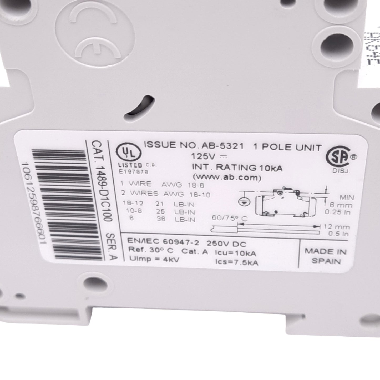 Used Allen Bradley 1489-D1C100 Miniature Circuit Breaker, 1-Pole, 10A, 125/250VDC