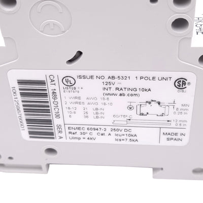 Used Allen Bradley 1489-D1C100 Miniature Circuit Breaker, 1-Pole, 10A, 125/250VDC