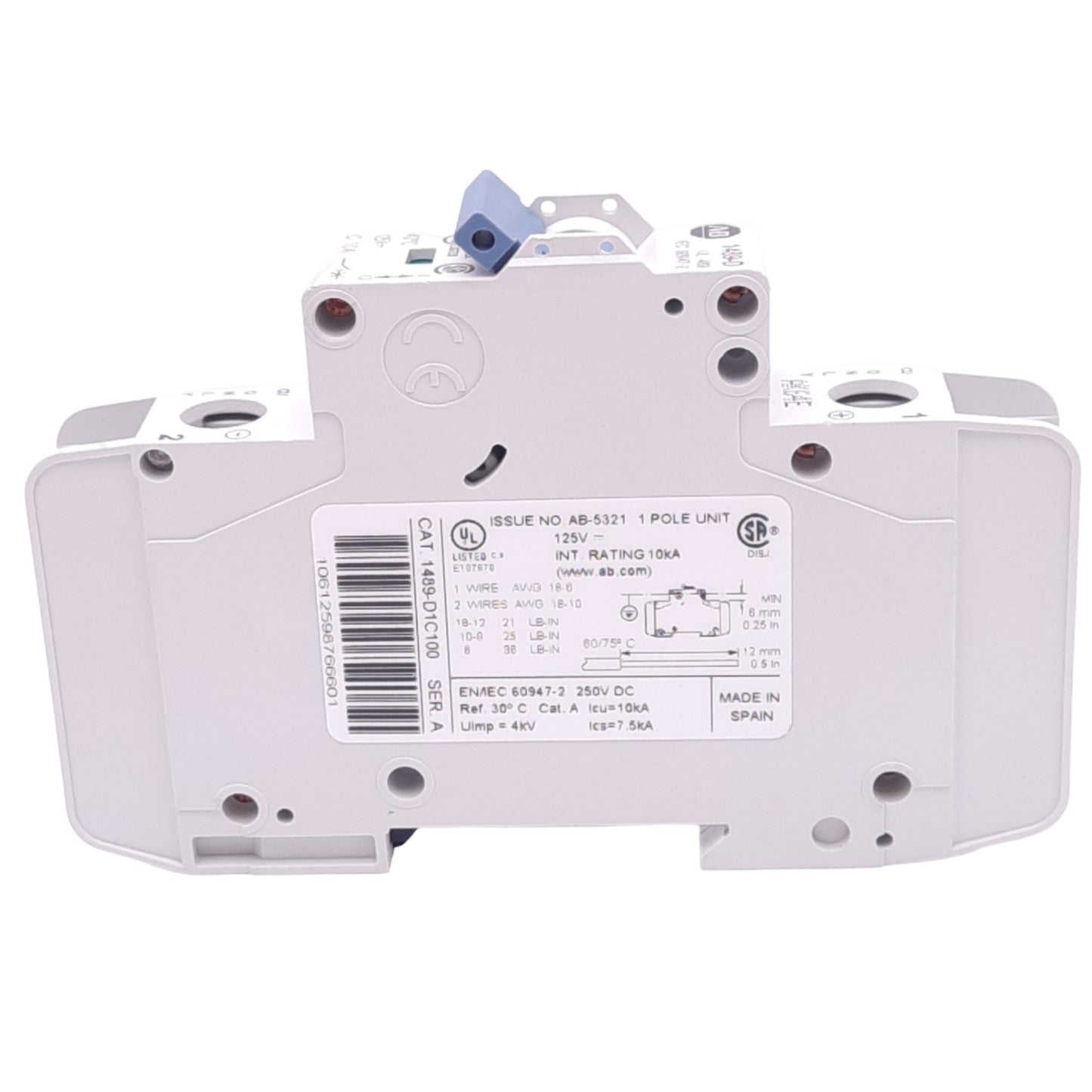 Used Allen Bradley 1489-D1C100 Miniature Circuit Breaker, 1-Pole, 10A, 125/250VDC