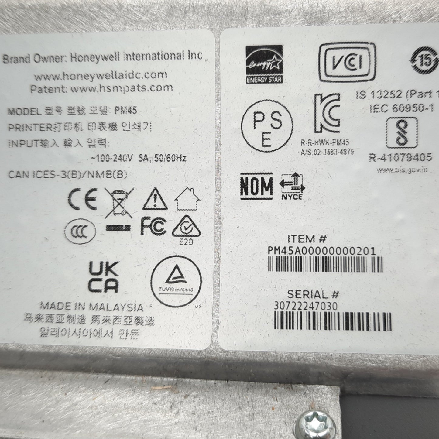 Used Honeywell PM45A00000000201 Label Printer, 203 dpi 100 to 240V AC *No Print Head*