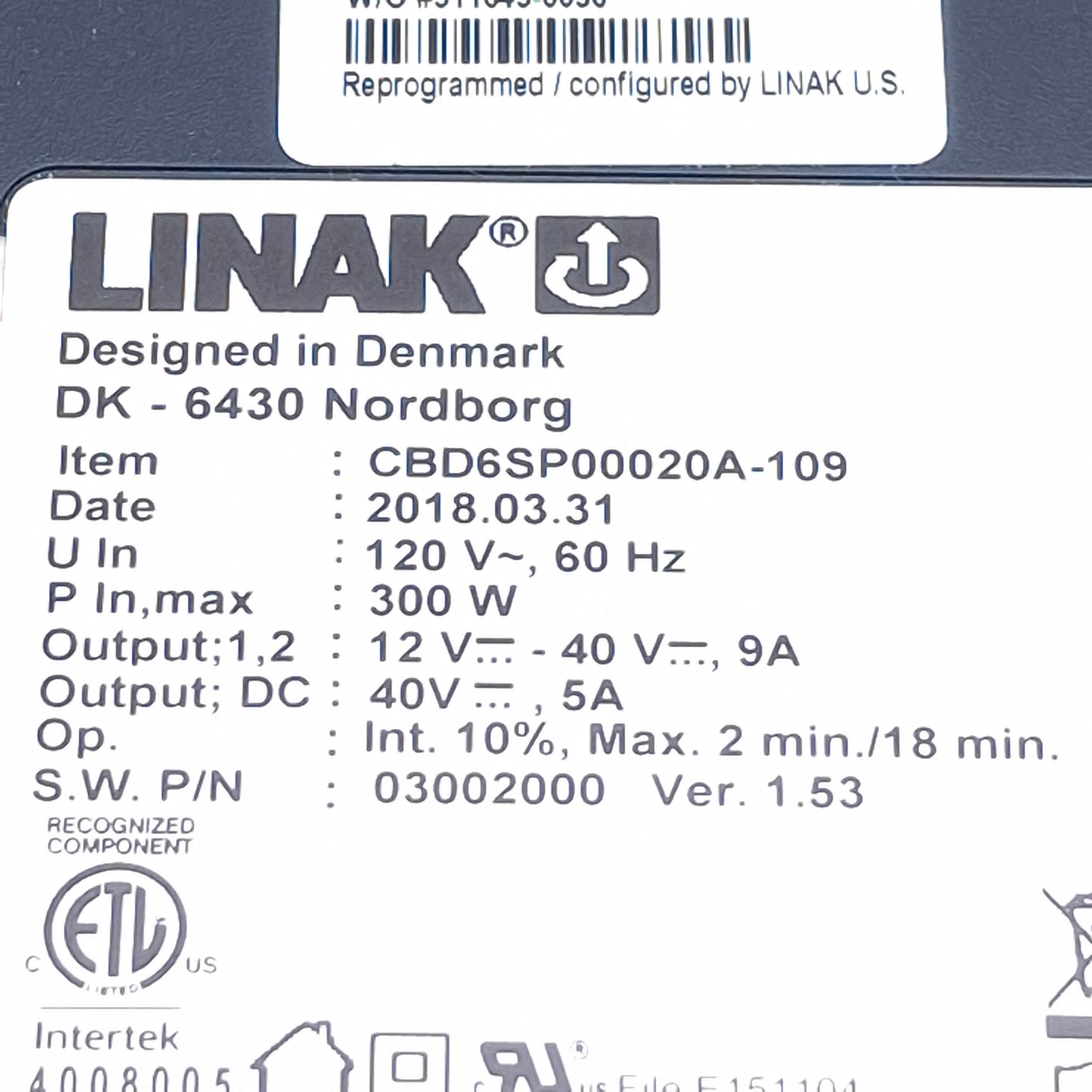 Used Linak CBD6SP00020A-109 Deskline 2-Channel Linear Actuator Controller 300W 120VAC