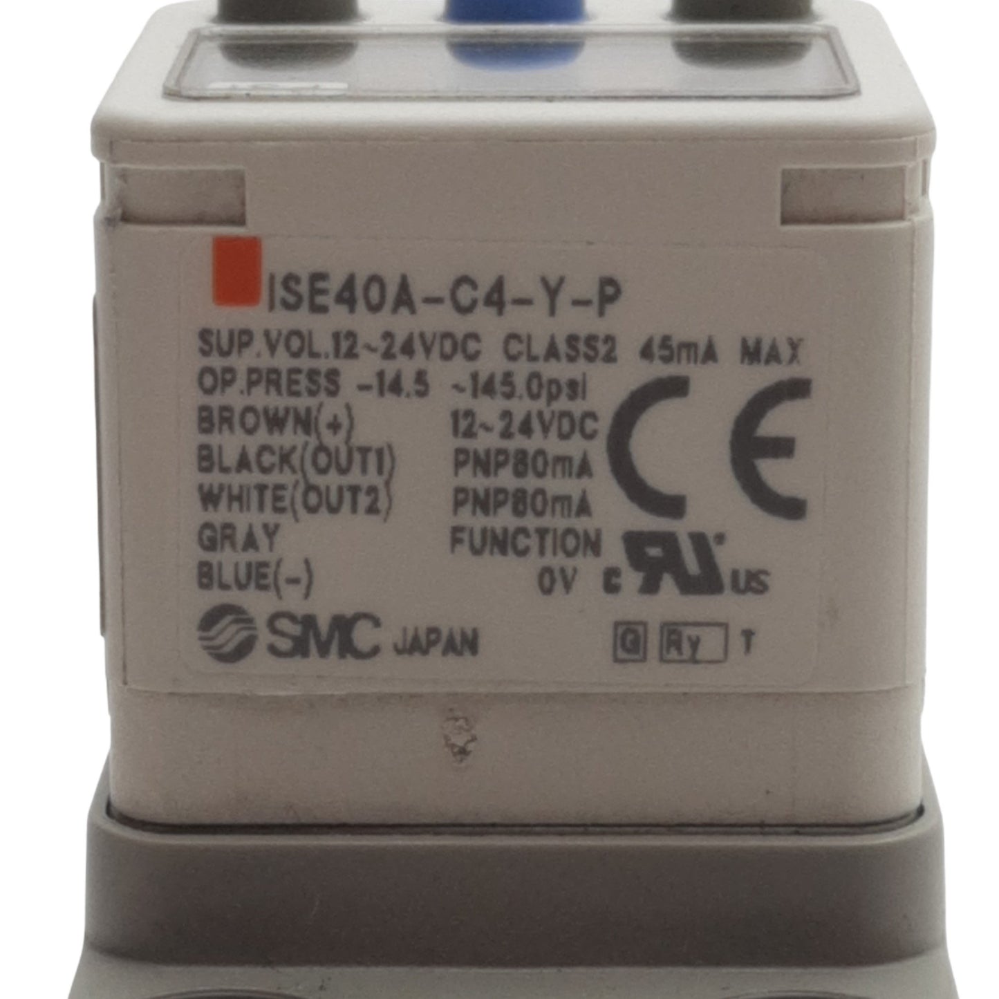 Used SMC ISE40A-C4-Y-P-X531 Pressure Switch, -14.5 to 145Psi, ø6mm, 24VDC, 2-PNP