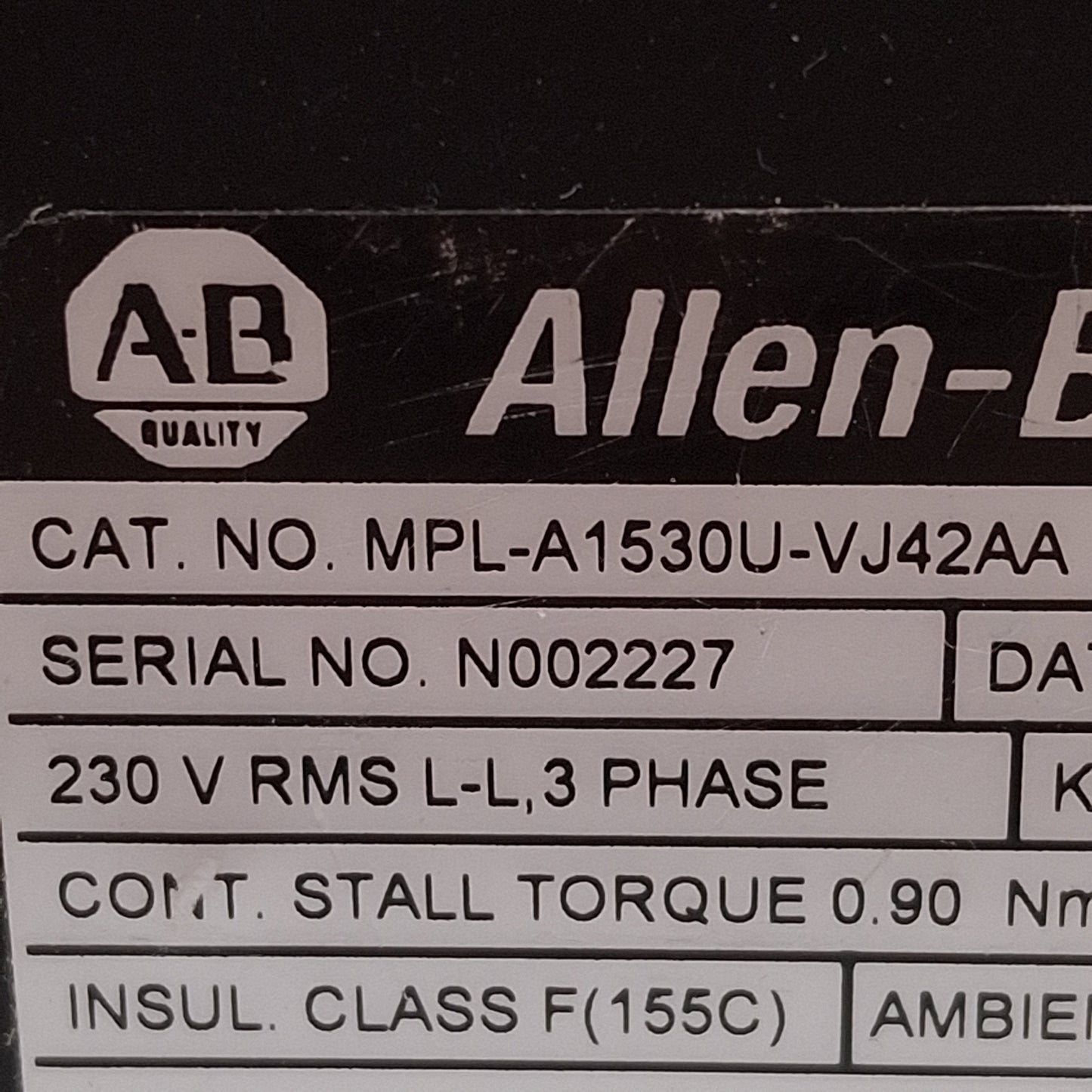 Used Allen Bradley MPL-A1530U-VJ42AA Servo Motor 0.39kW 3Ø 230VAC 7000RPM ø63mm Frame