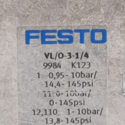 Used Festo VL/0-3-1/4 Pneumatic Valve, 3/2-Way, -0.095~1MPa, 800l/min, G1/4in