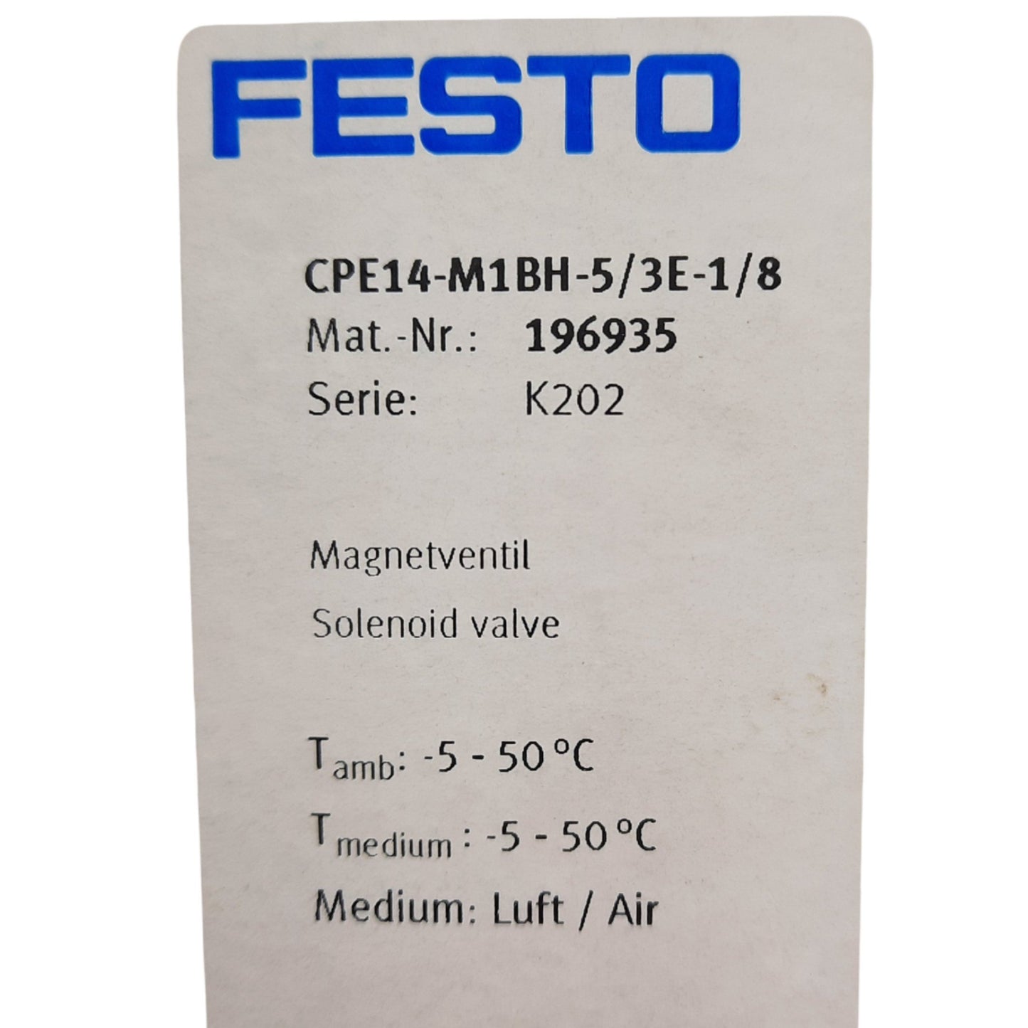 New Festo CPE14-M1BH-5/3E-1/8 Air Solenoid Valve, 24VDC, 3-8 Bar, G1/8, 5/3