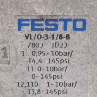 Used Festo VL/0-3-1/8-B Pneumatic Valve, 3/2-Way, -0.095~1MPa, 500l/min, G1/8in