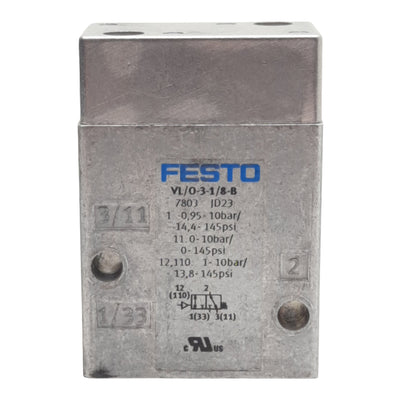 Used Festo VL/0-3-1/8-B Pneumatic Valve, 3/2-Way, -0.095~1MPa, 500l/min, G1/8in