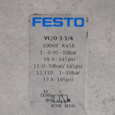 Used Festo VL/0-3-3/4 Pneumatic Valve, 3/2-Way, -0.095~1MPa, 7500l/min, G3/4in