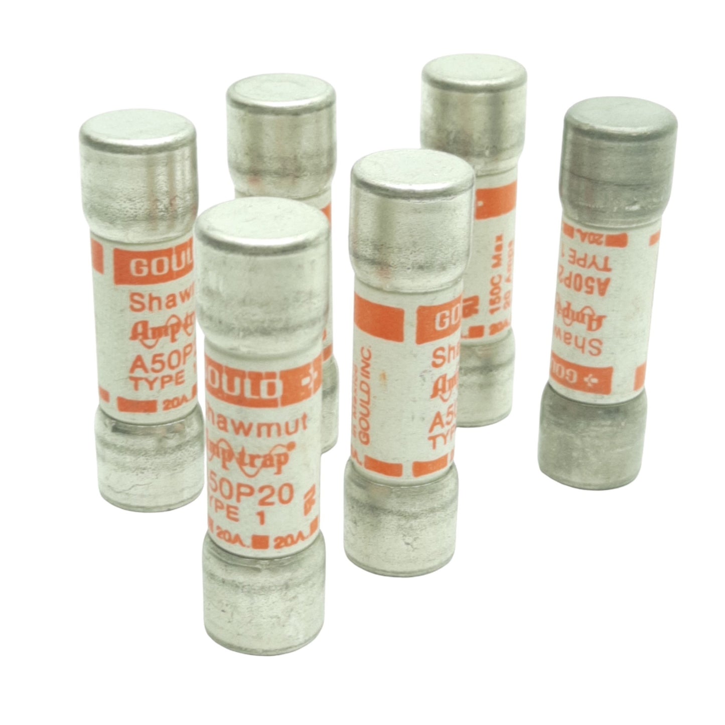 Used Lot of 6 Shawmut A50P20 Fast Acting Fuse, 20A, 500VAC, 450VDC, 0.56"x2.00"