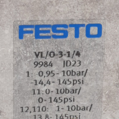 New Festo VL/0-3-1/4 Pneumatic Valve 3/2-Way, -0.095~1MPa, 800l/min, G1/4in