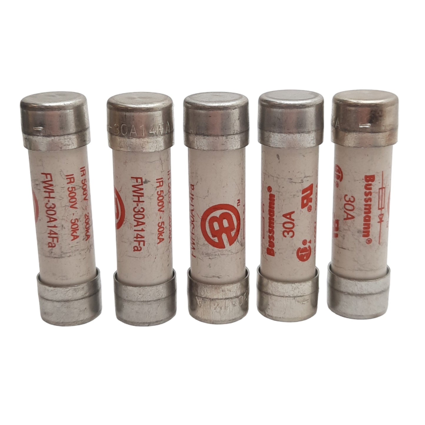 Used Lot of 5 Bussmann FWH-30A14Fa Semiconductor Fuses, 500 VAC/ 500 VDC 30 A