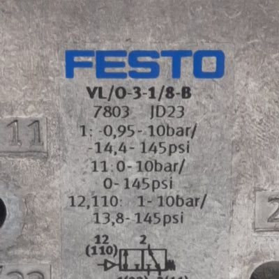 New Festo VL/0-3-1/8-B Pneumatic Valve 3/2-Way, -0.095~1MPa, 500l/min, G1/8in