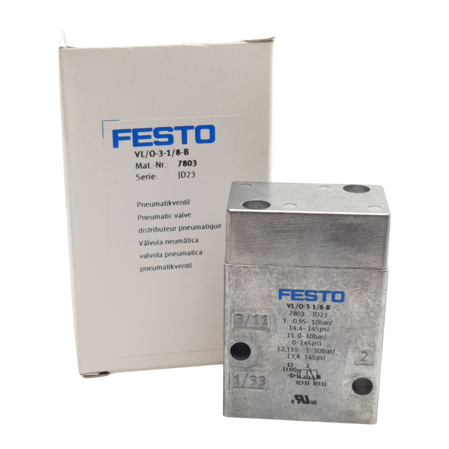 New Festo VL/0-3-1/8-B Pneumatic Valve 3/2-Way, -0.095~1MPa, 500l/min, G1/8in