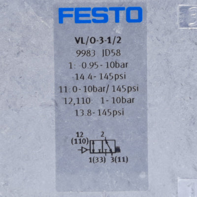 Used Festo VL/O-3-1/2 Pneumatic Valve, 3/2-way Open/Closed, Monostable 3700L/min