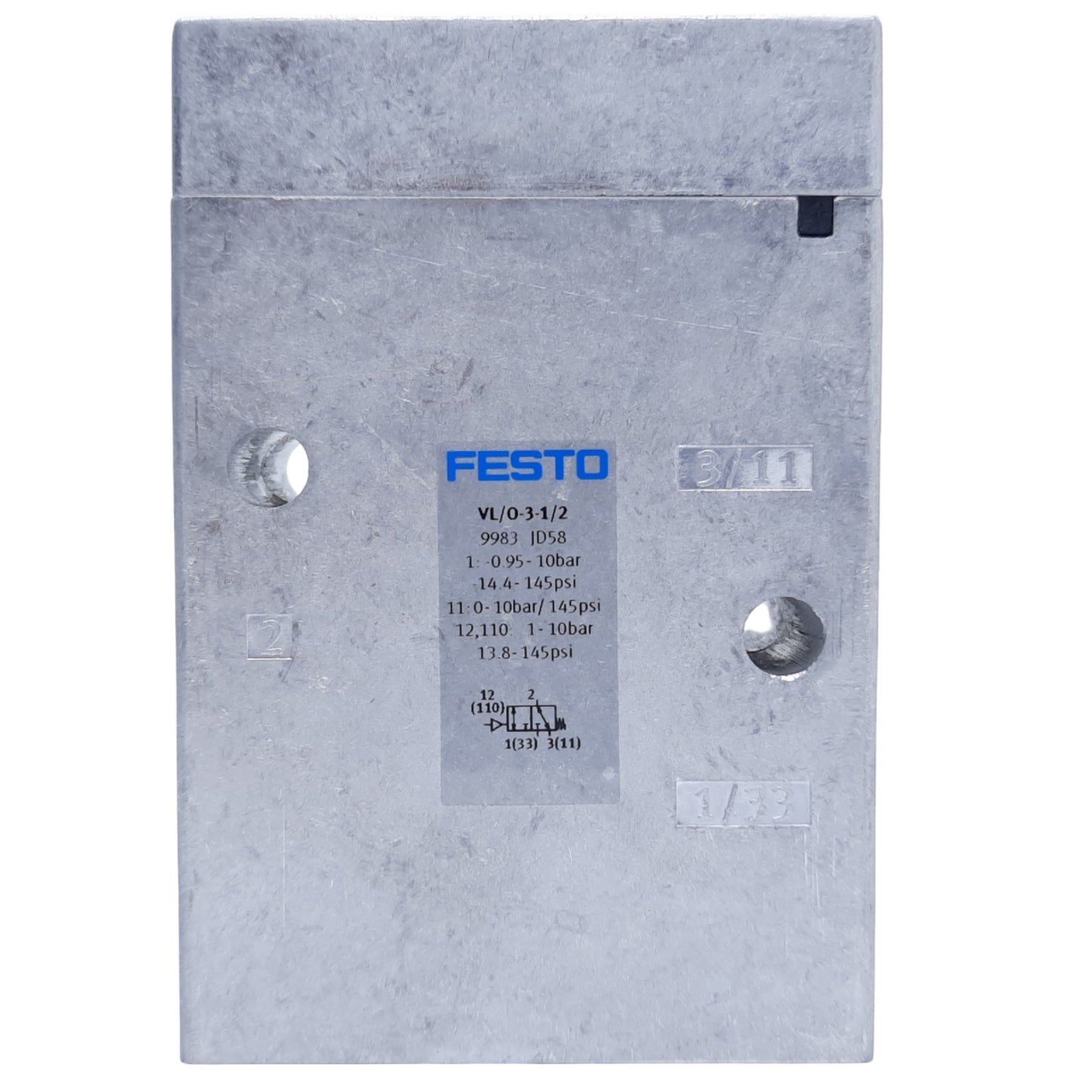 Used Festo VL/O-3-1/2 Pneumatic Valve, 3/2-way Open/Closed, Monostable 3700L/min