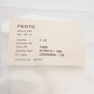 New Lot of 5 Festo VAF-PK-4 15889 Vacuum Filter, 50 mic, PK-4, -.95 to 0 Bar