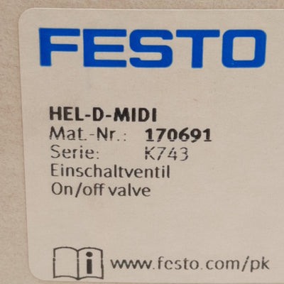 New Festo HEL-D-MIDI On/Off Piston Gate Valve, 2/2-Way, 3-16bar, G1/4in, 24VDC Coil