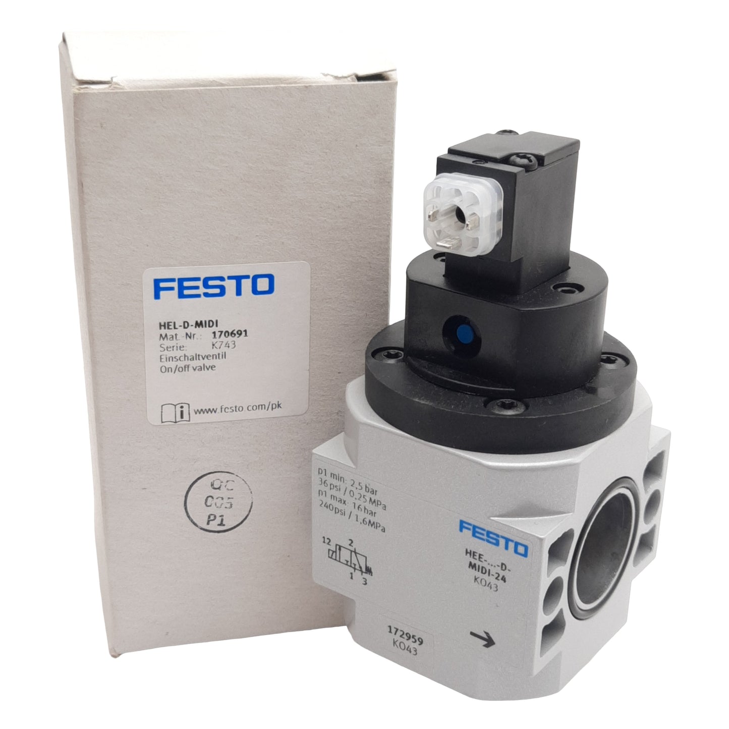 New Festo HEL-D-MIDI On/Off Piston Gate Valve, 2/2-Way, 3-16bar, G1/4in, 24VDC Coil
