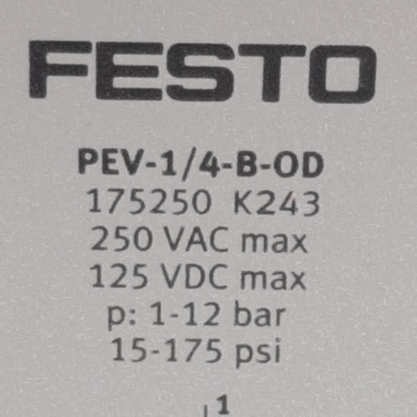 New Festo PEV-1/4-B-0D Pressure Switch, 1-12bar, 5000mA 125VDC/250VAC, G1/4, Type A