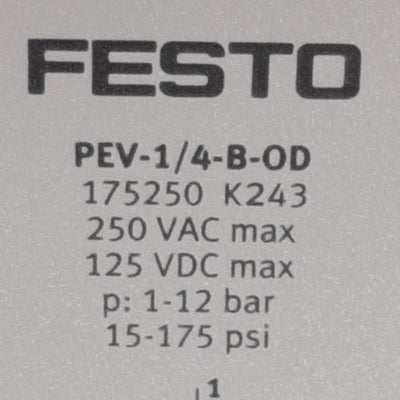 New Festo PEV-1/4-B-0D Pressure Switch, 1-12bar, 5000mA 125VDC/250VAC, G1/4, Type A