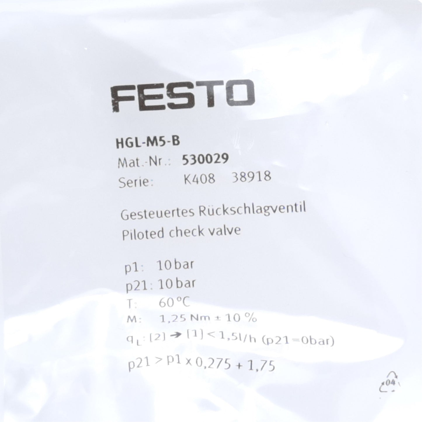 New Lot of 2 Festo HGL-M5-B Piloted Check Valve 530029 HGL-B Series, Threaded 5mm