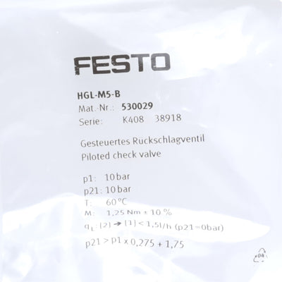 New Lot of 2 Festo HGL-M5-B Piloted Check Valve 530029 HGL-B Series, Threaded 5mm