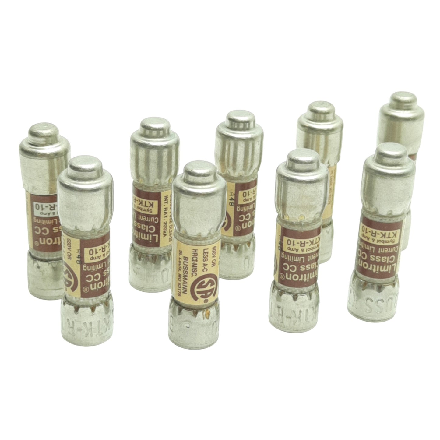 Used Lot of 9 Bussmann KTK-R-10 Fast Acting Fuse 10A, 600VAC, 0.41in x 1.5in