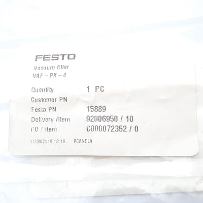 New Lot of 2 Festo VAF-PK-4 Vacuum Filter with Nut Union 15889, 50 µm, 70l/min, 3mm