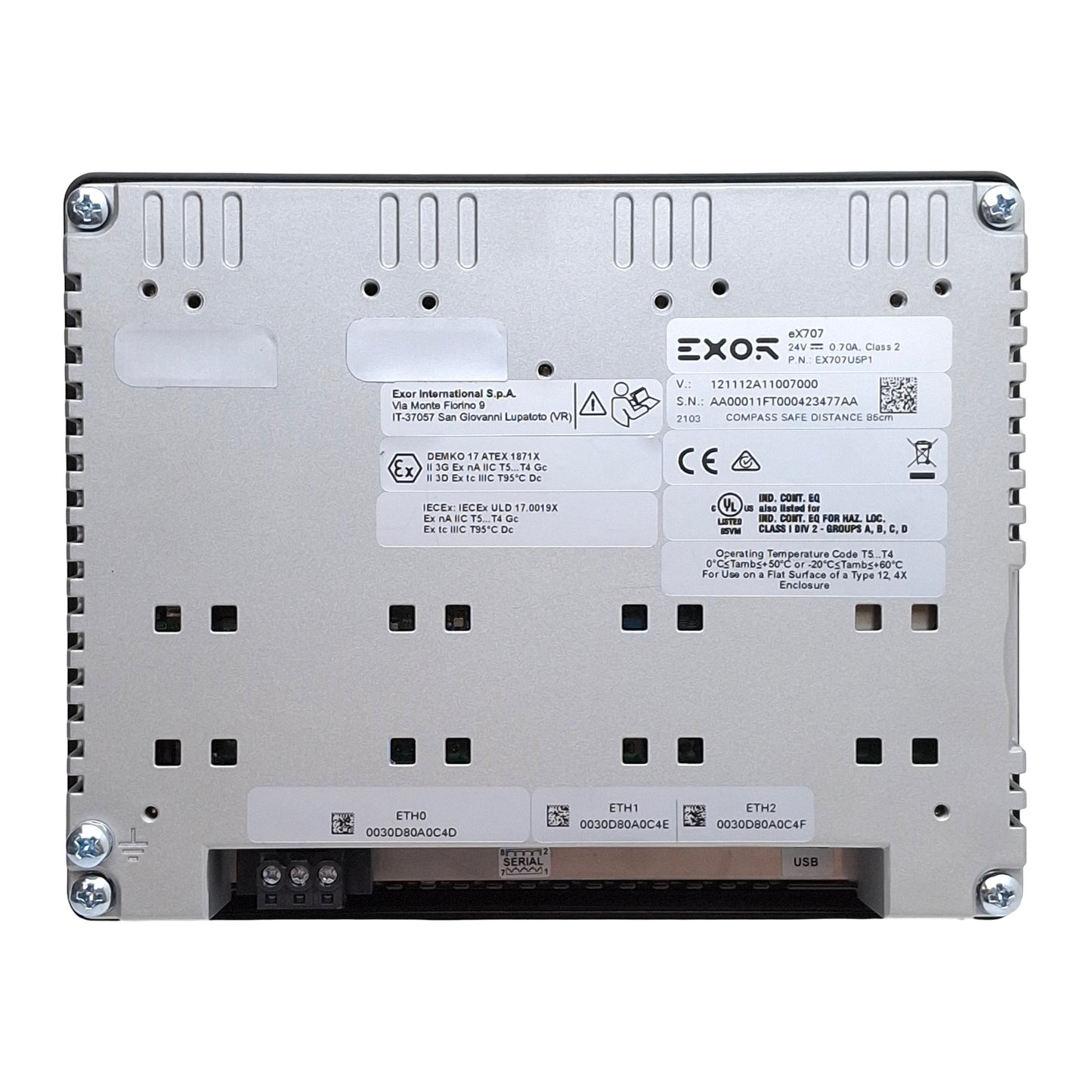 Used EXOR EX707U5P1 Touchscreen HMI, 7in 800x480 Color TFT, RS-232/485/422, 24VDC