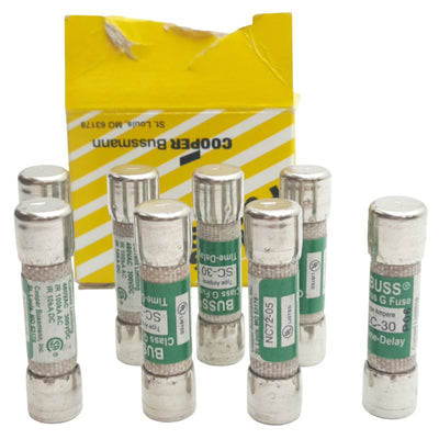 New Lot of 8 Bussmann SC-30 Time Delay Fuse, 30A, 480VAC, 300VDC, 0.41in x 1.62in