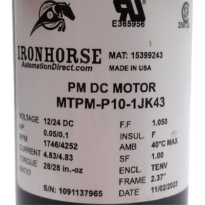 Used Automation Direct MTPM-P10-1JK43 DC Motor, 12/24VDC, 0.05/0.1HP, 1746/4252RPM