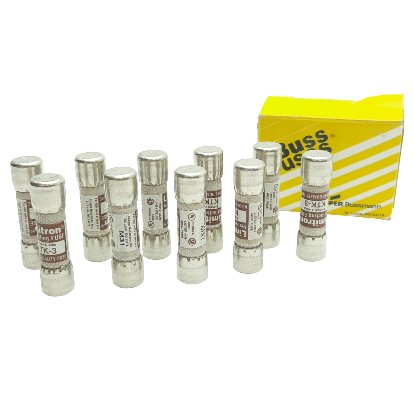 New Lot of 10 Bussmann KTK-3 Fast Acting Fuse, 3 Amps, 600VAC, 0.41in x 1.5in