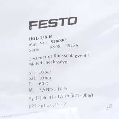 New Festo HGL-1/8-B Pneumatic Pilot Check Valve 530030, 300 l/min