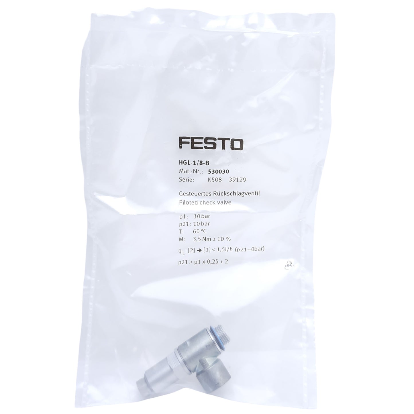 New Festo HGL-1/8-B Pneumatic Pilot Check Valve 530030, 300 l/min