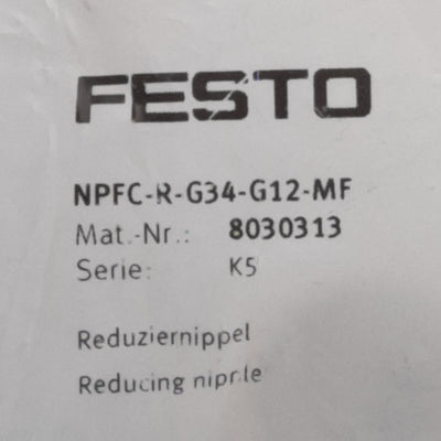 New Festo NPFC-R-G34-G12 8030313 Reducing Nipple. -0.95 to 50 bar, G3/4, G1/2, 10 Pk