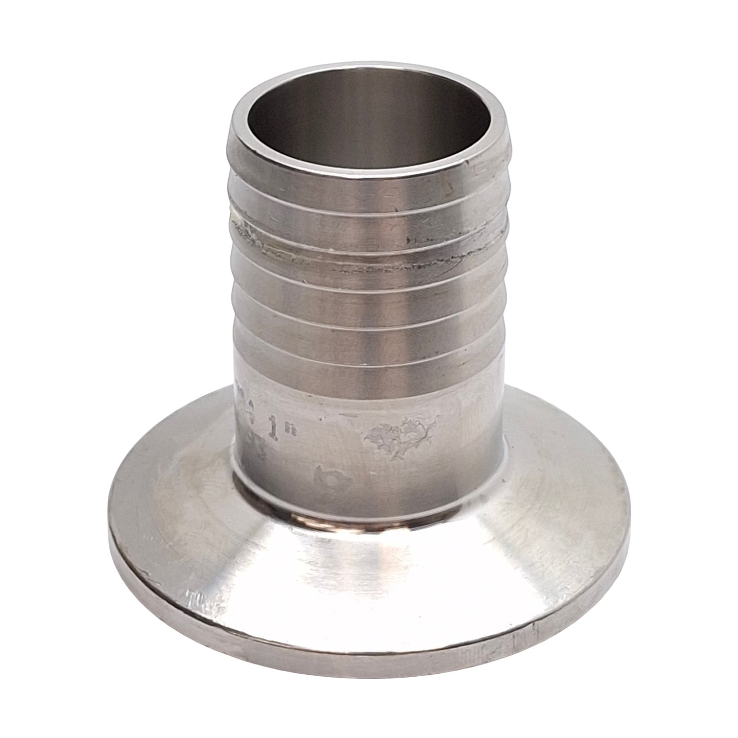 Used Stainless Steel Sanitary Fitting, 1in Barb to 1in Tri-Clamp, ø0.870in ID