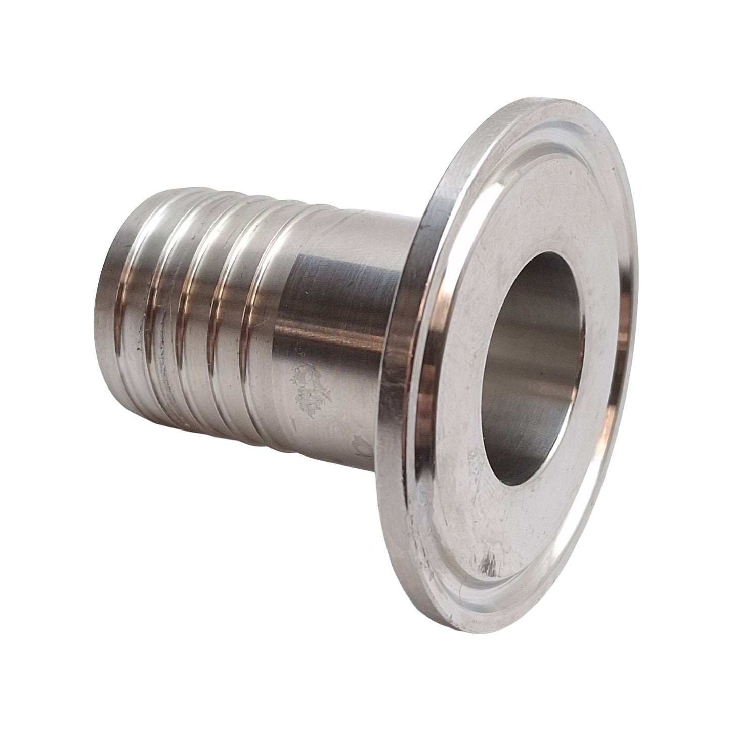 Used Stainless Steel Sanitary Fitting, 1in Barb to 1in Tri-Clamp, ø0.870in ID