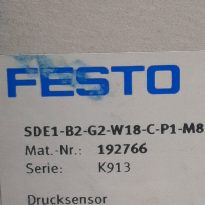 New Festo 192766 Pressure Sensor, PNP, 150mA 15-30VDC, 1-10bar Range, 3-Pin M8