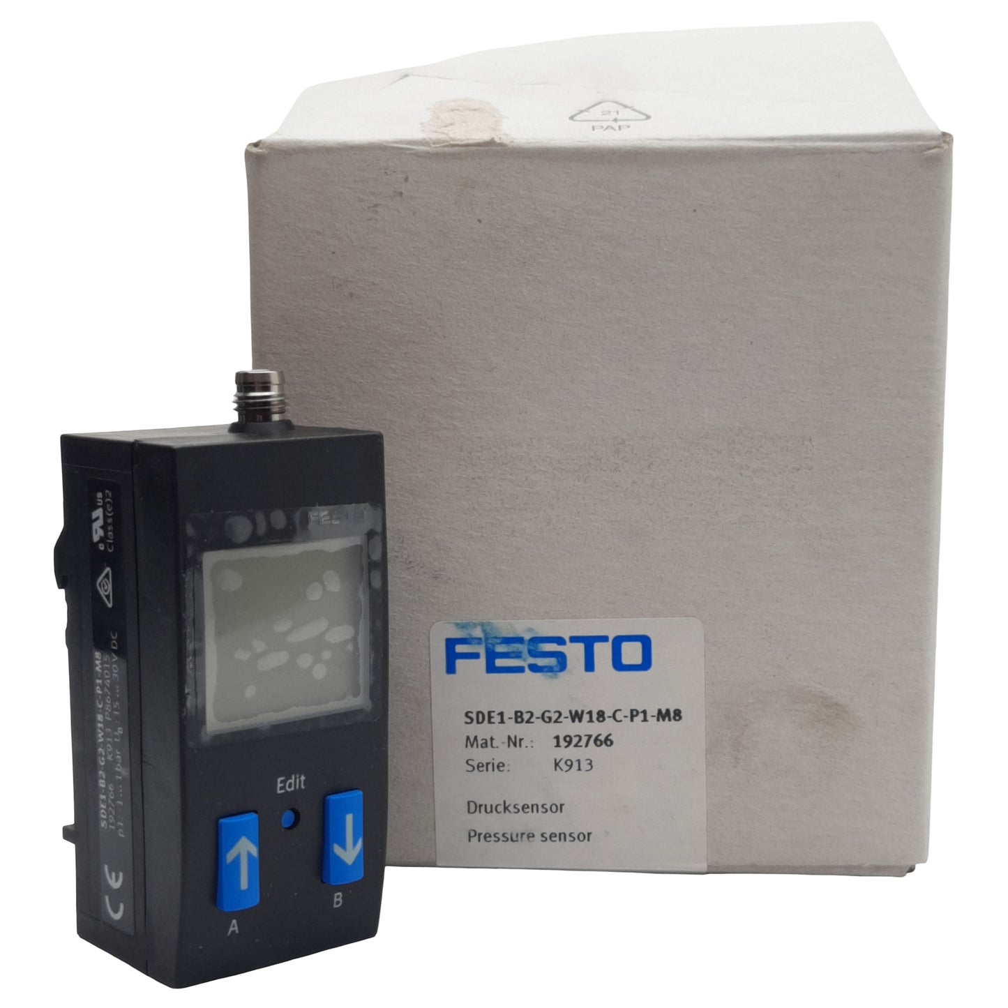 New Festo 192766 Pressure Sensor, PNP, 150mA 15-30VDC, 1-10bar Range, 3-Pin M8