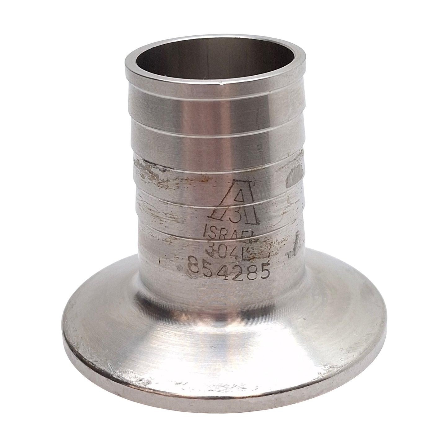 Used Stainless Steel Sanitary Fitting, 1in Tri-Clamp to 1in Barb, ø0.870in ID