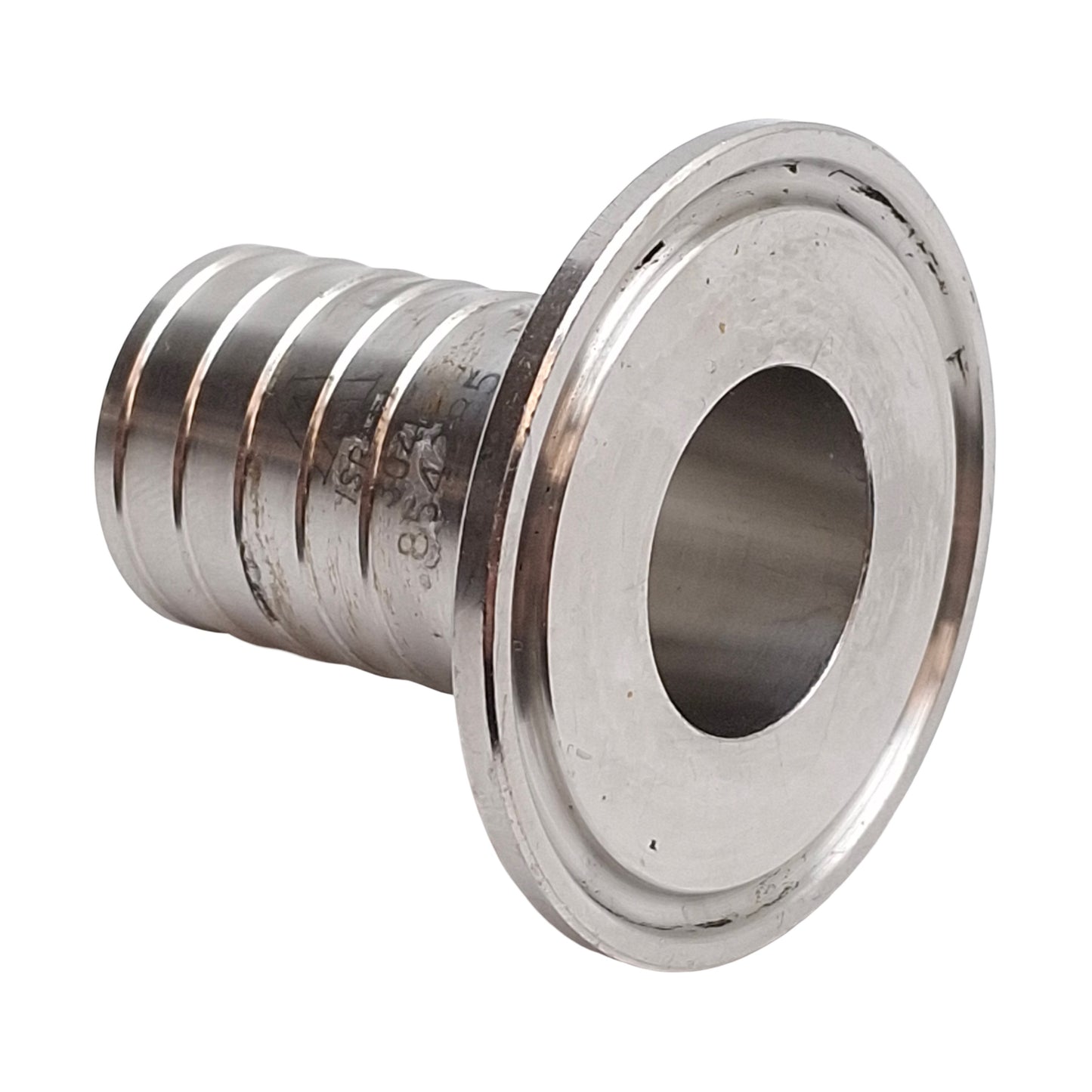 Used Stainless Steel Sanitary Fitting, 1in Tri-Clamp to 1in Barb, ø0.870in ID
