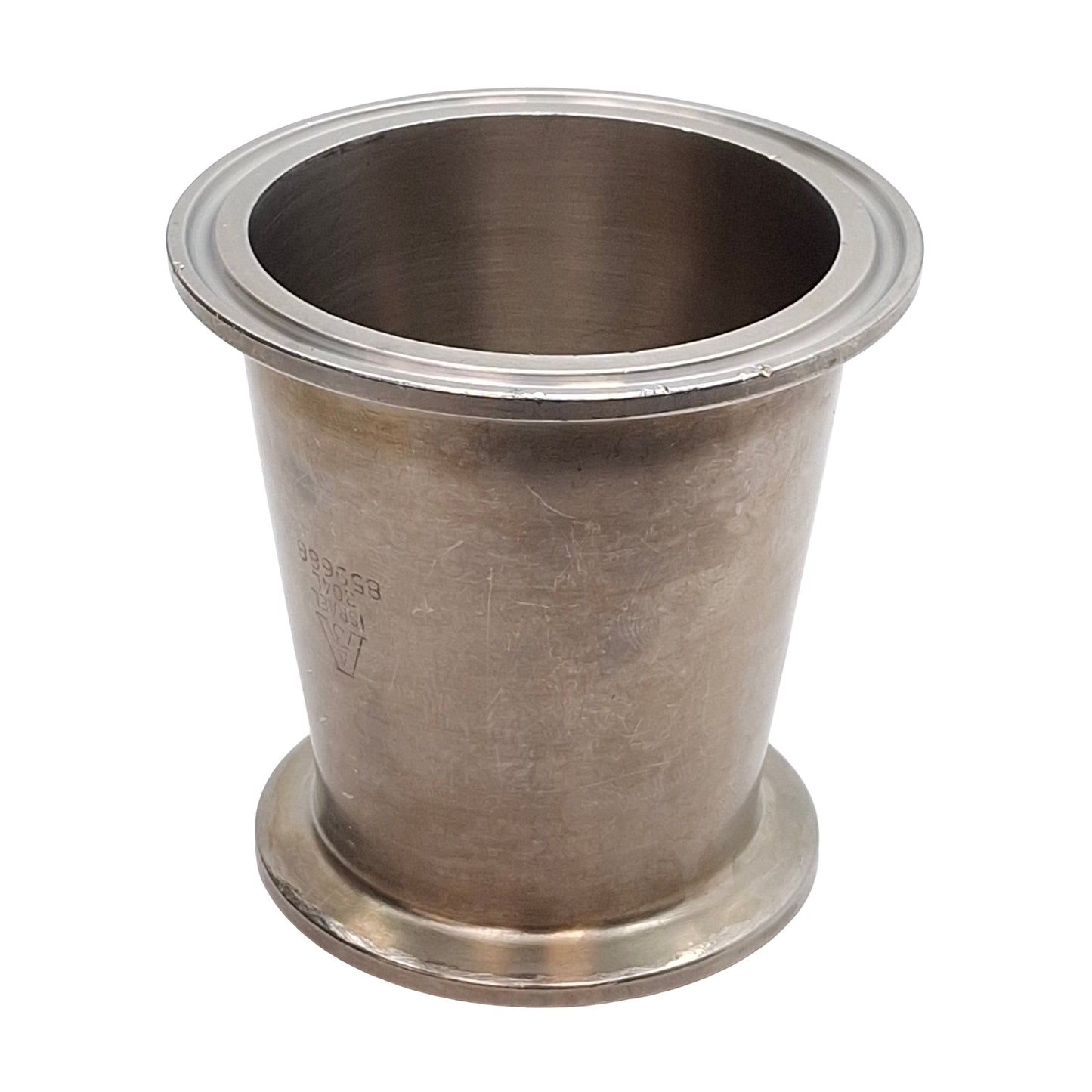 Used Stainless Steel Sanitary Adapter Fitting, 2in Tri-Clamp to 2.5in Tri-Clamp
