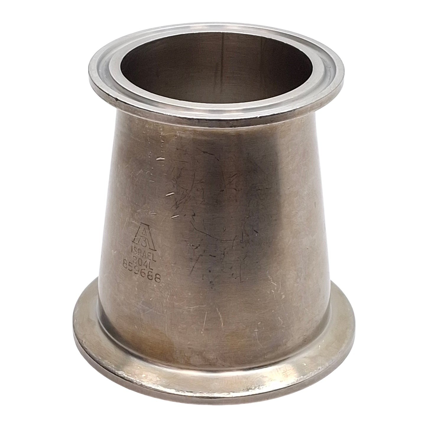 Used Stainless Steel Sanitary Adapter Fitting, 2in Tri-Clamp to 2.5in Tri-Clamp